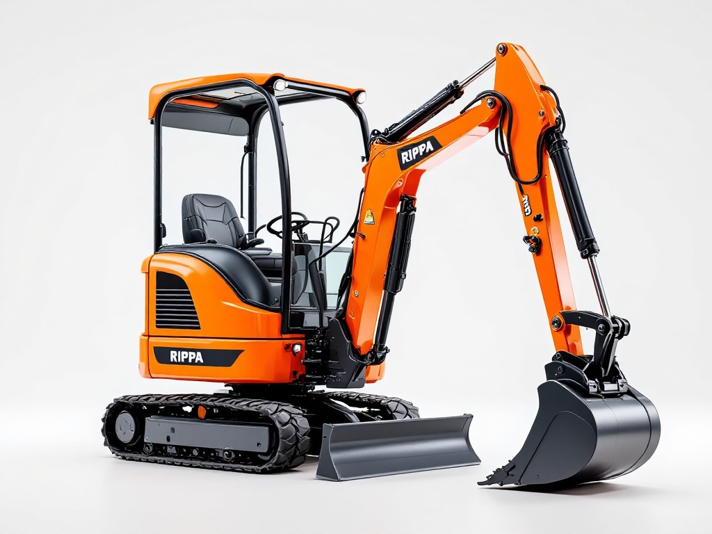 Oranssi Rippa-minikaivinkone valkoisella taustalla, jossa on mustat telaketjut ja kauha, sekä ohjaamo. Kirkas valaistus korostaa koneen yksityiskohtia.